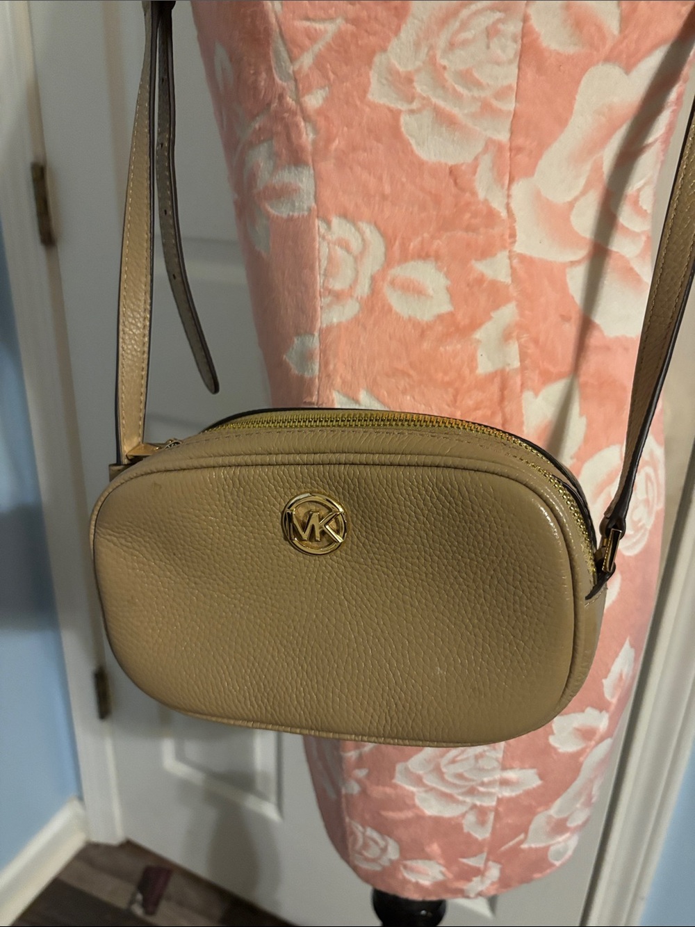 Michael Kors Pebbled Leather Crossbody in Beige with Gold Hardware